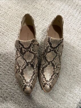 Chinese Laundry Snake-Print Pointed Toe Mules in Beige and Brown